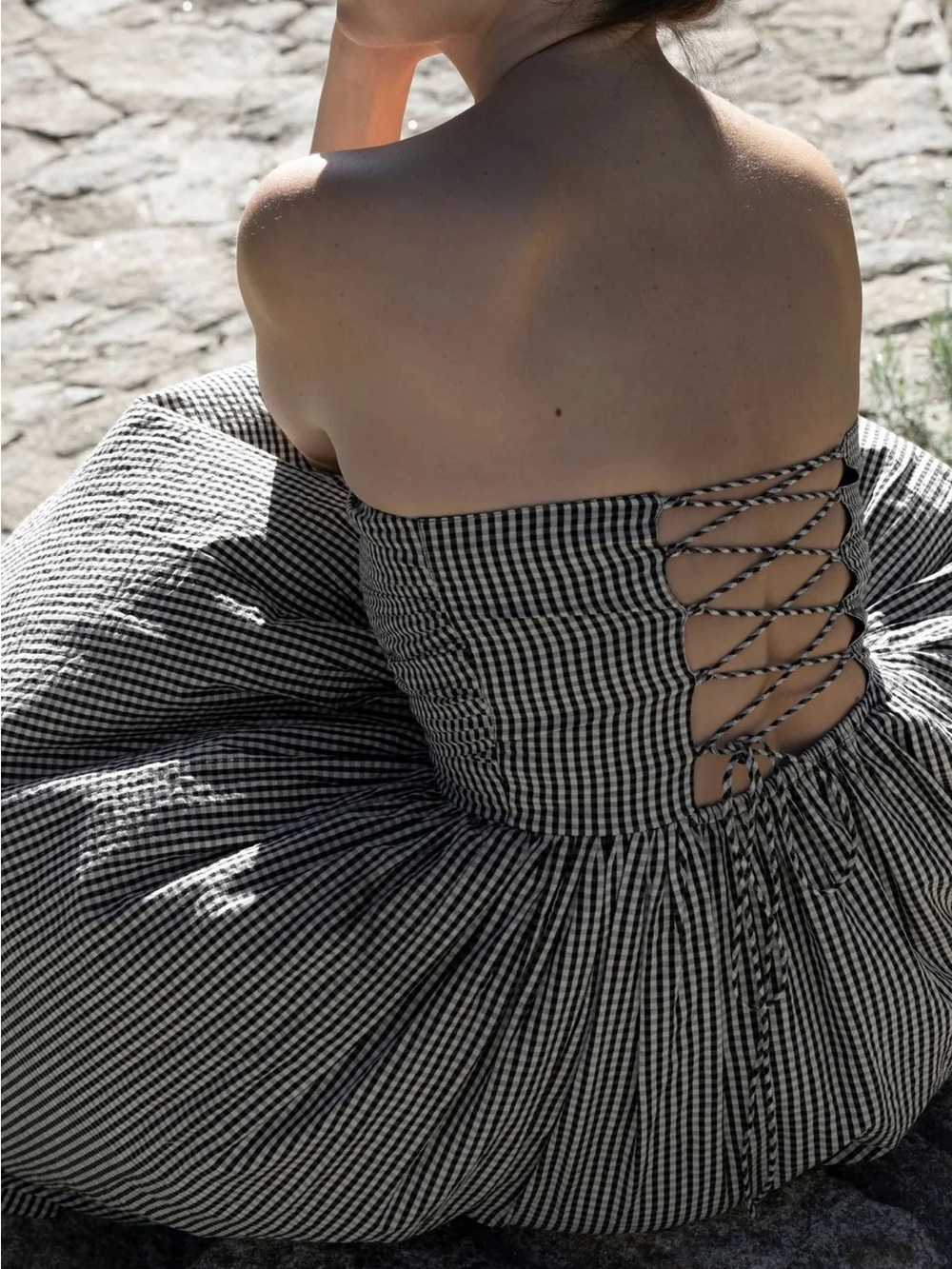 Smocked Strapless Gingham Midi Dress in Black & White - Picture 3 of 6